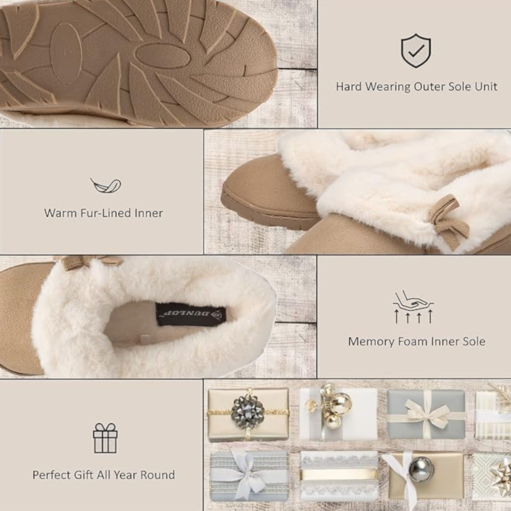 Women’s Dunlop slip-on slippers with bow detail and warm fleece lining in beige